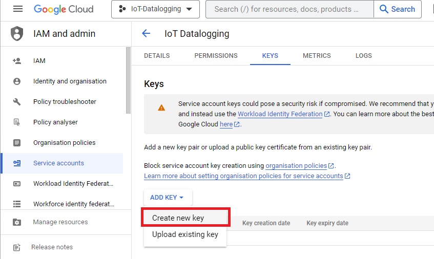 Tạo key mới cho dự án ESP32 Google Sheets