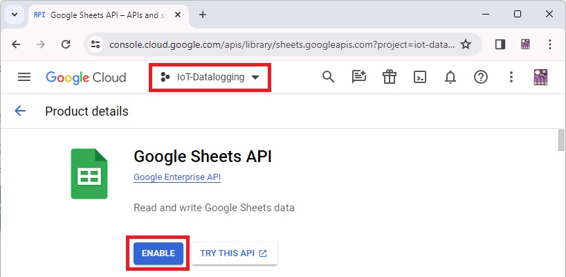 Bật API Google Sheets